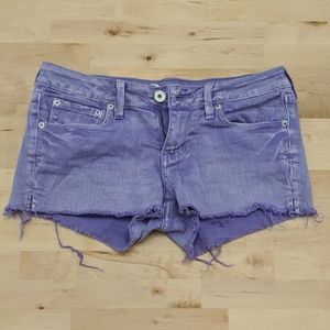 Purple denim raw-edge Bullhead short shorts